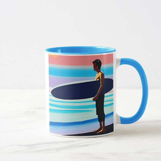 Surfen Stehend am Strand bei Sonnenuntergang Tasse (Rechts)