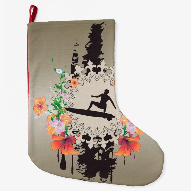 Surfen, surfboarder mit Blumen Großer Weihnachtsstrumpf (Vorderseite)
