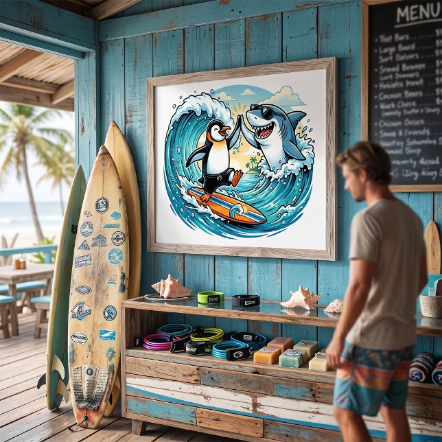 Surfender Pinguin und Hai geben sich High Five Poster (Von Creator hochgeladen)