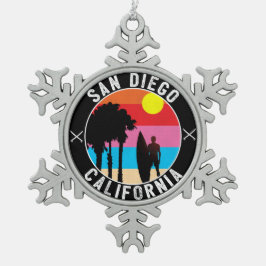 Surfendes San Diego Kalifornien schwärzt Schneeflocken Zinn-Ornament