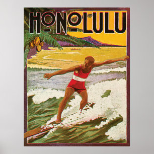 Surfer auf tropischem Strand Honolulus, Vintage Poster