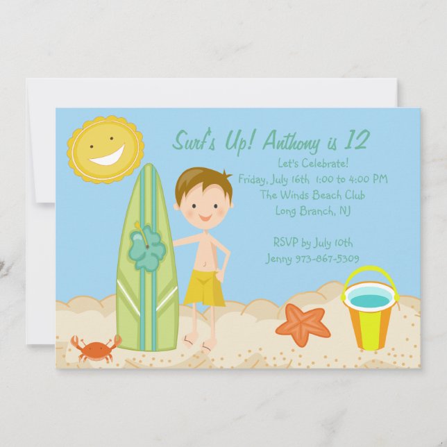 Surfer Boy Beach Party Geburtstag Einladung (Vorderseite)