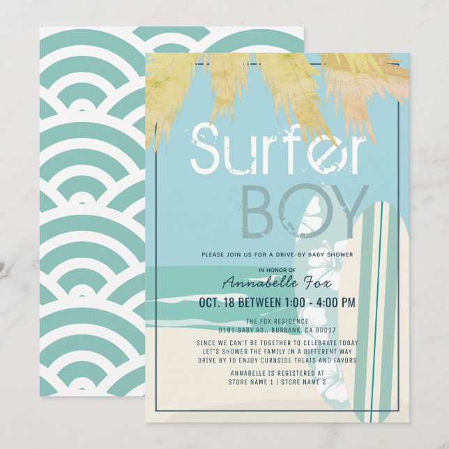 Surfer Boy Surfboards Beach Drive by Baby Shower Einladung (Vorne/Hinten)