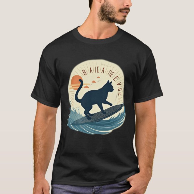 Surfer Cat Silhouette Abstract Retro Beach Waves T-Shirt (Vorderseite)