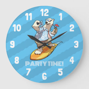 Surfer Eisbär Lustige Party Zeit! Cartoon Große Wanduhr
