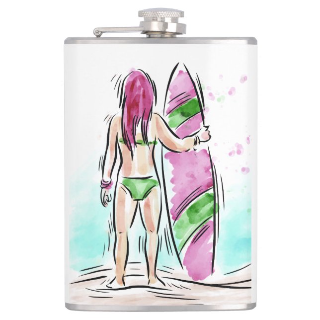 Surfer Girl individuelle Name Flachmann (Vorderseite)