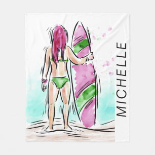 Surfer Girl individuelle Name Fleece Decke