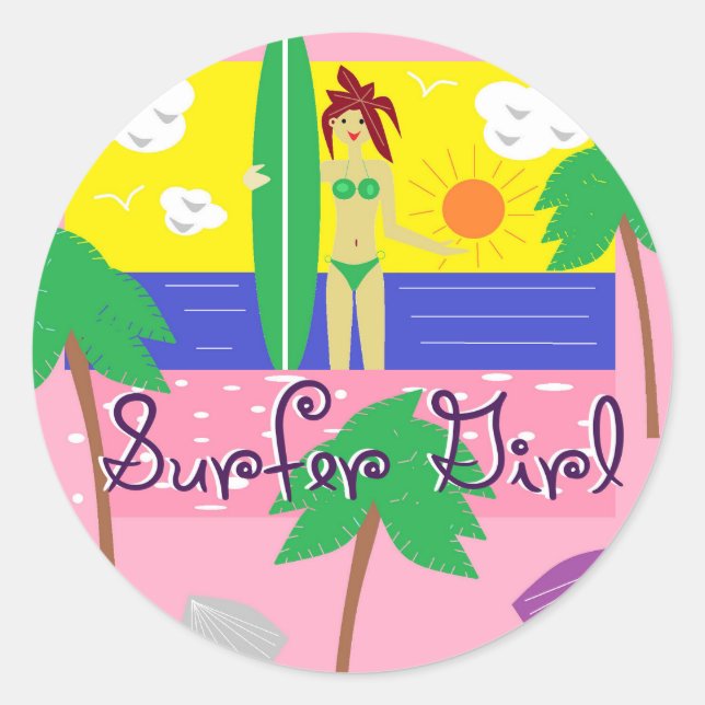 Surfer Girl Runder Aufkleber (Vorderseite)