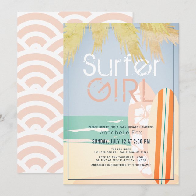 Surfer Girl Surfboards Beach Baby Dusche Einladung (Vorne/Hinten)