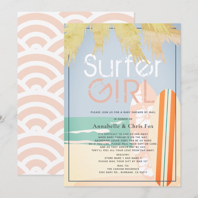 Surfer Girl Surfboards Beach Baby Dusche per Mail Einladung (Vorne/Hinten)