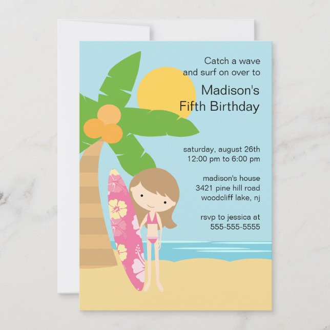 Surfer Girl Swimming Party Birthday Invitation Einladung (Vorderseite)
