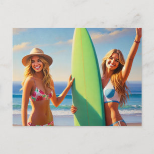 Surfer Girls mit Surfboard Postkarte