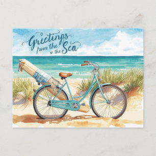Surfer-Gruß vom Meer mit Brett und Fahrrad Postkarte