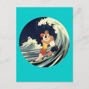 Surfer Liebhaber Küssen Vintage Illustration Postkarte