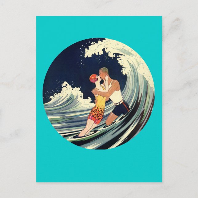 Surfer Liebhaber Küssen Vintage Illustration Postkarte (Vorderseite)