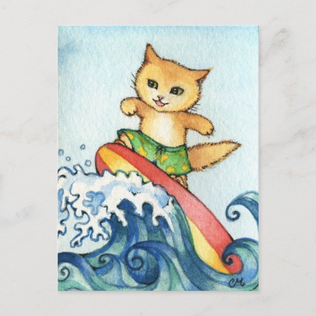 Surfer - Niedliche Katze Kunst Postkarte (Vorderseite)