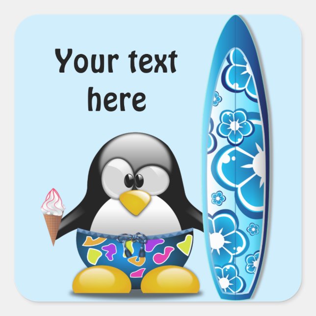 Surfer Pinguin mit Eiscreme Quadratischer Aufkleber (Vorderseite)