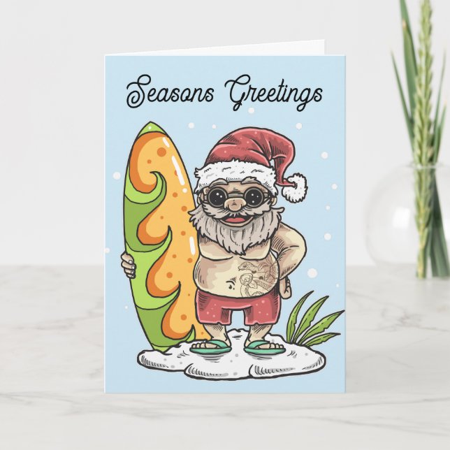 Surfer Santa mit Tattoo Weihnachten Karte (Vorderseite)