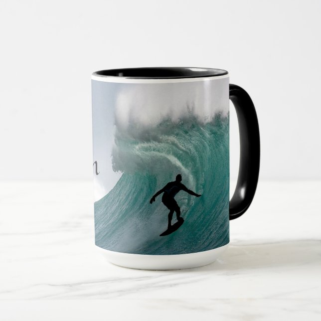 Surfer silhouette Catching a huge wave Personalize Tasse (VorderseiteRechts)