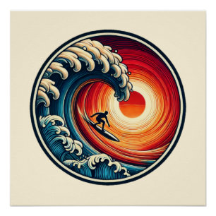 Surfer-Sonnenuntergangs-Welle Glänzendes Poster