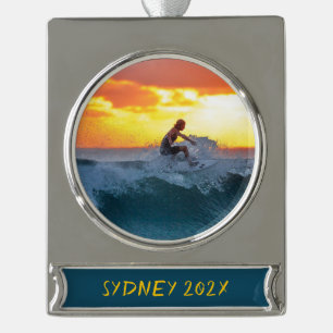 Surfer Surfen Foto Personalisiert Weihnachten Banner-Ornament Silber