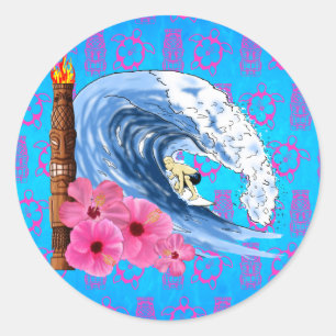 Surfer und Tiki Statue Runder Aufkleber