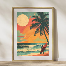 Surfer vintage en été Sunset Retro Poster