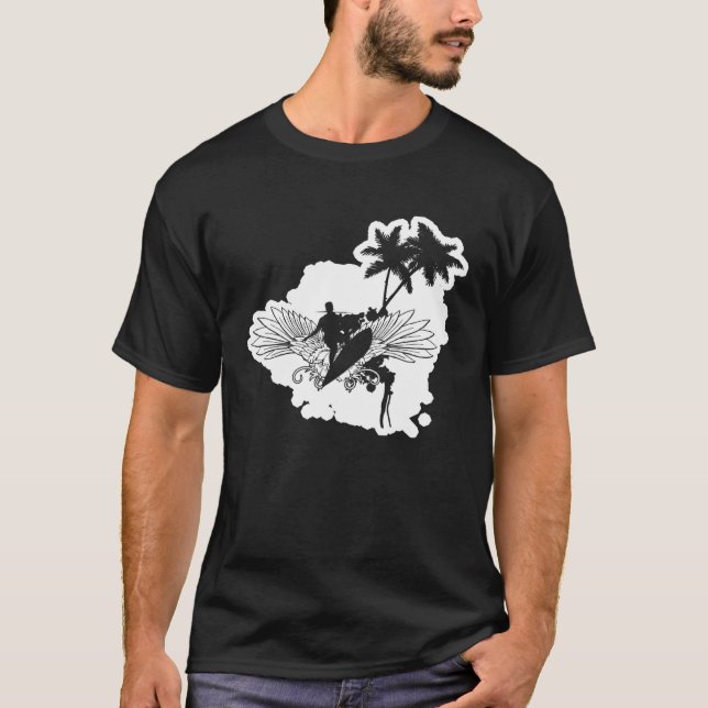 Surfer Waves Palm Trees Surfen T-Shirt (Vorderseite)
