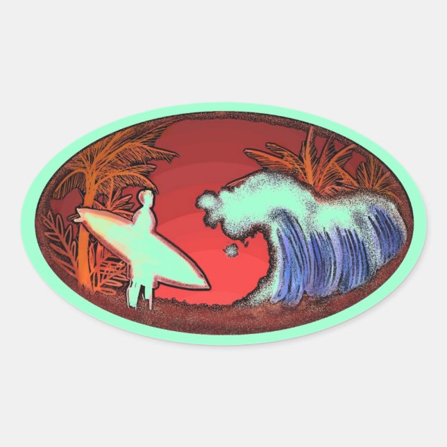 Surfer Wellen Meer grüne Kunst Strand-Szene Aufkle Ovaler Aufkleber (Vorderseite)