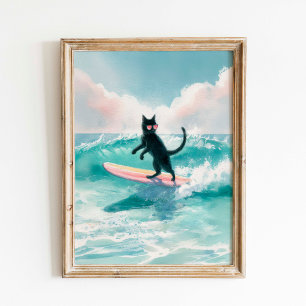 Surfer Whimsical Black Cat Wasserfarbe Kunst Poster