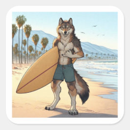 Surfer Wolf Quadratischer Aufkleber