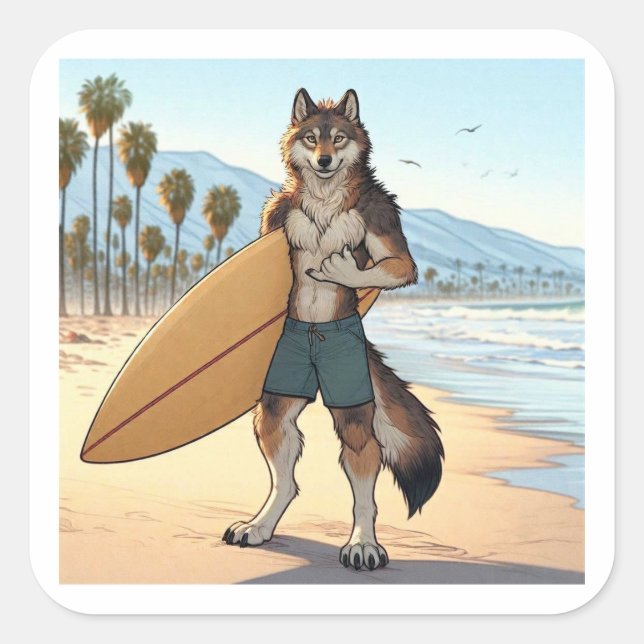 Surfer Wolf   Quadratischer Aufkleber (Vorderseite)