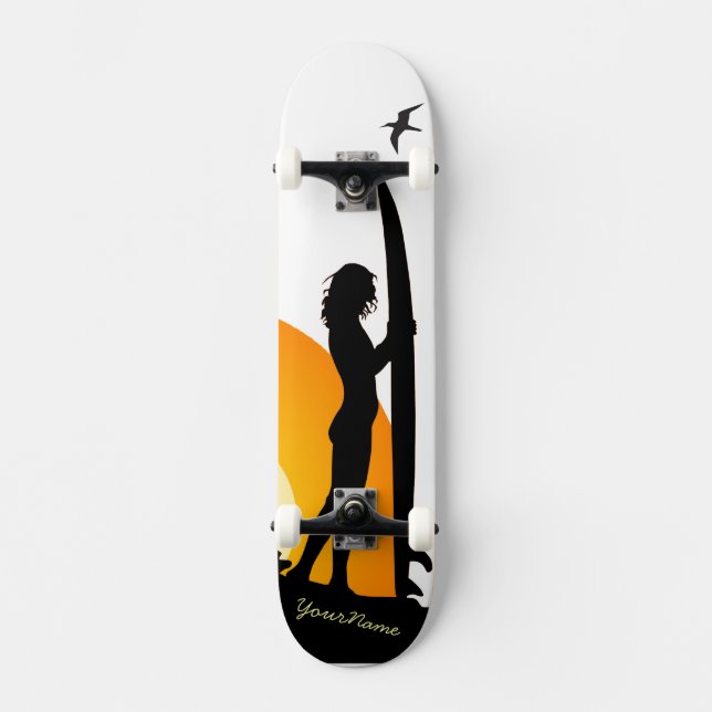 Surfermädchensonnenuntergang-Strand-Skateboard 2 Skateboard (Vorderseite)