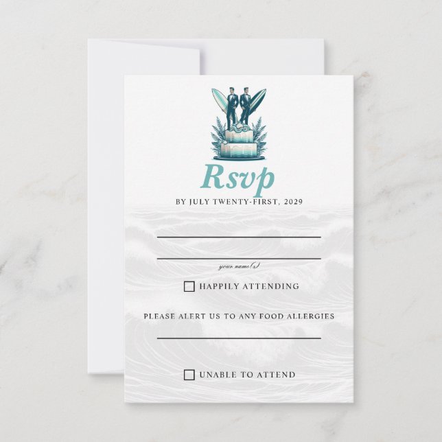 Surfgrooms Hochzeit RSVP Karte (Vorderseite)