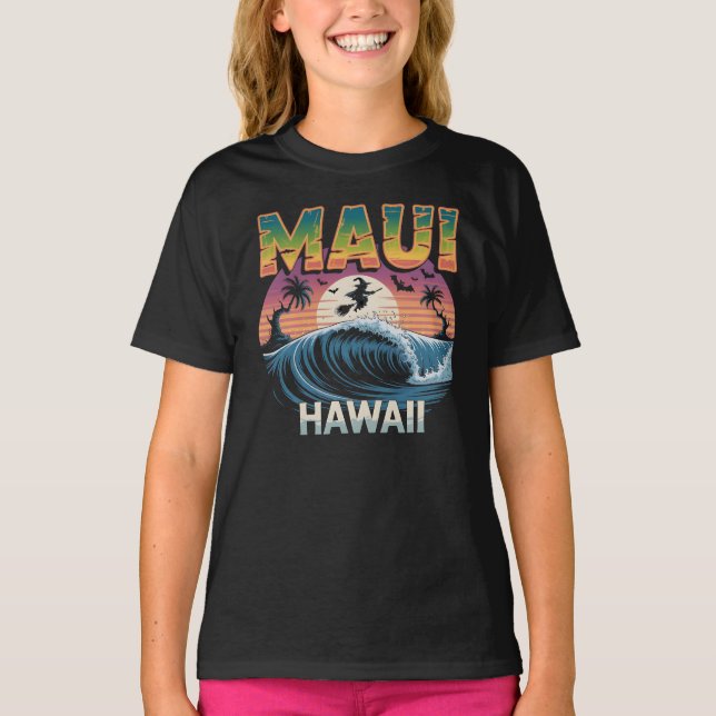 Surfhexe auf Broom Maui Hawaii Halloween T-Shirt (Vorderseite)
