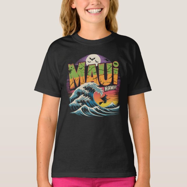 Surfhexe auf Broom Maui Hawaii Halloween T-Shirt (Vorderseite)