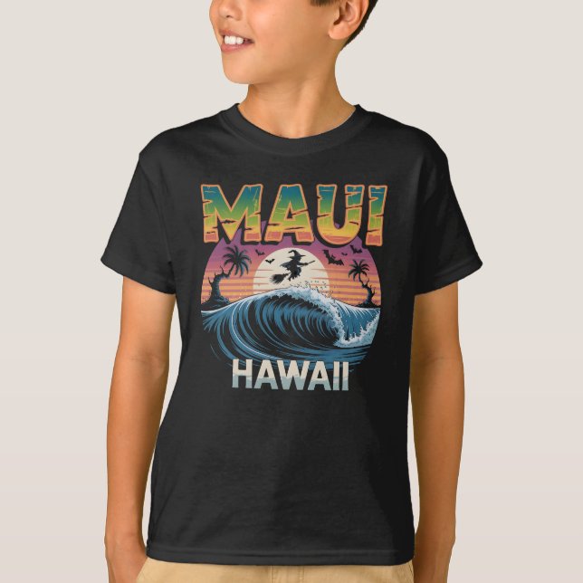 Surfhexe auf Broom Maui Hawaii Halloween T-Shirt (Vorderseite)