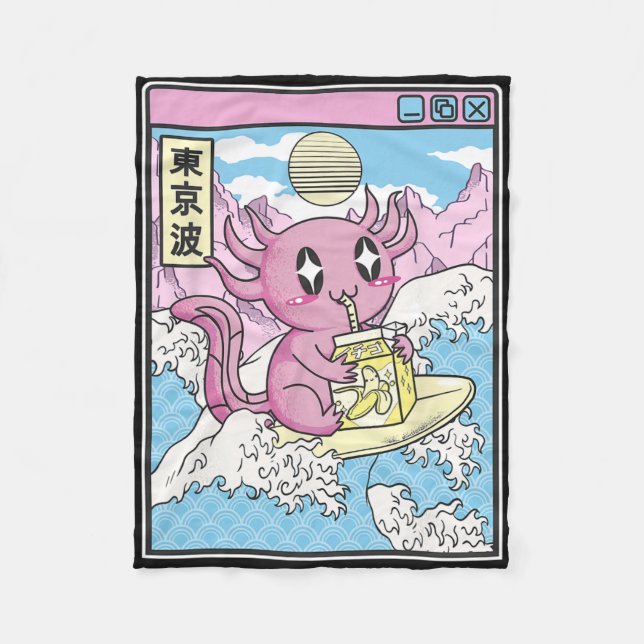 Surfing Axolotl Drinking Nana Milk Kawaii Anime Va Fleecedecke (Vorderseite)
