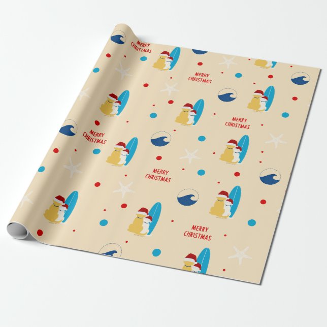 Surfing Beach Dog Christmas Holiday Gift Wrap Geschenkpapier (Ungerollt)