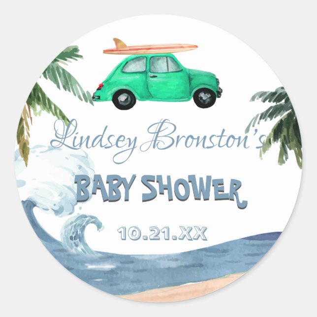Surfing Car Coconut Tree Blue Beach Baby Dusche Runder Aufkleber (Vorderseite)
