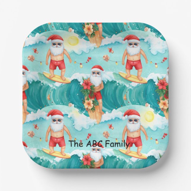 Surfing Christmas in July with SANTA CLAUS   Pappteller (Vorderseite)