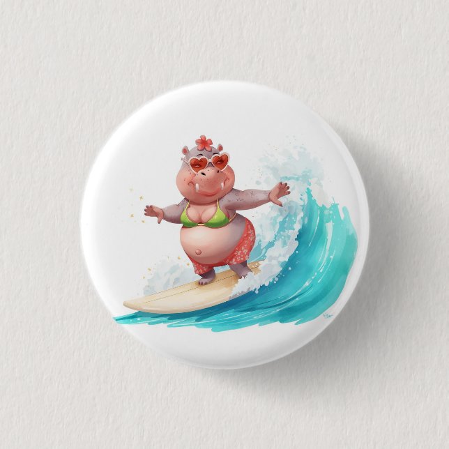 Surfing Hippo Christmas Bikini on big wave Button (Vorderseite)