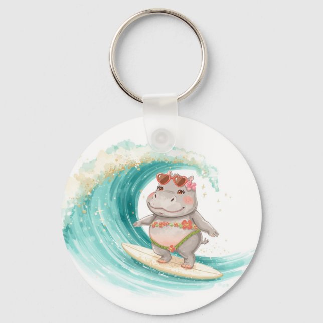 Surfing Hippo Christmas Bikini on big wave Schlüsselanhänger (Vorderseite)