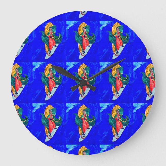 surfing nuns on blue wave clock große wanduhr (Vorderseite)