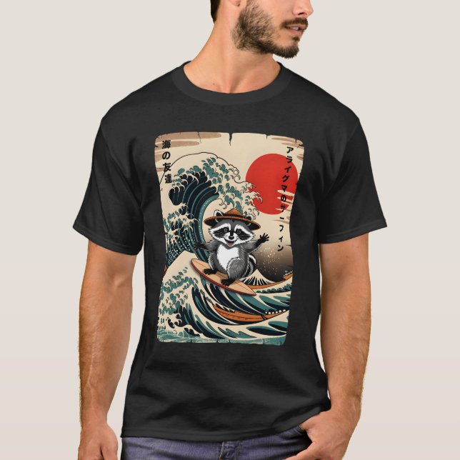 Surfing Raccoon Kawaii Anime Great Wave Surfing Ja T-Shirt (Vorderseite)