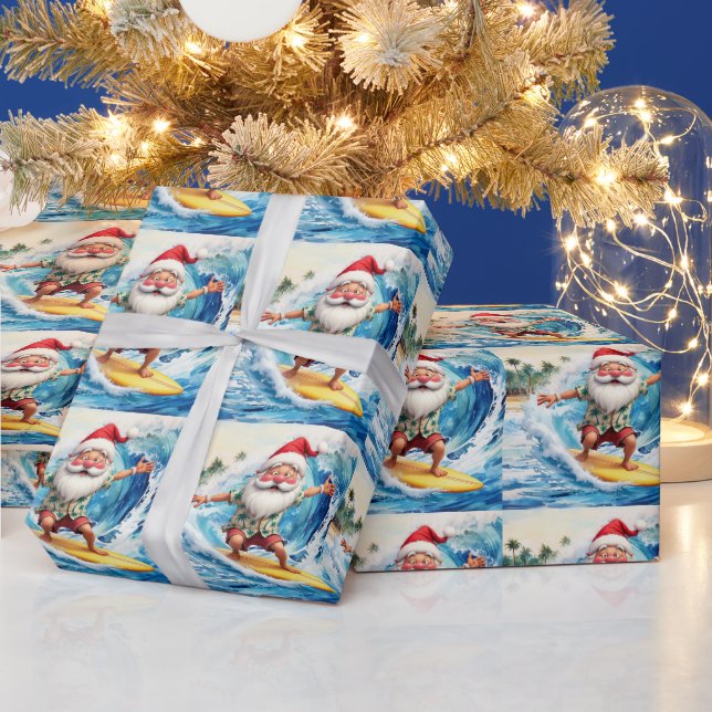 Surfing Santa is on big wave in Hawaii  Geschenkpapier (Feiertage)