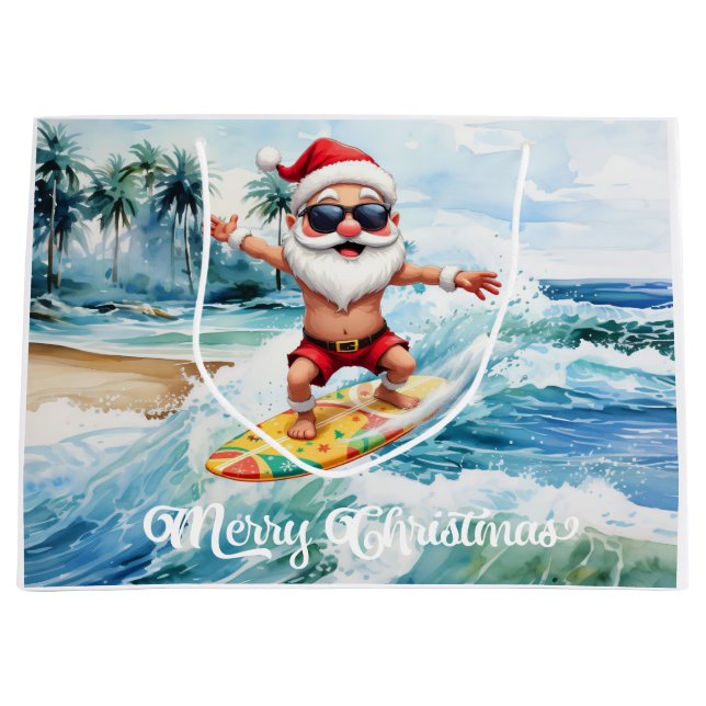 Surfing Santa is on big wave in Hawaii  Große Geschenktüte (Vorderseite)