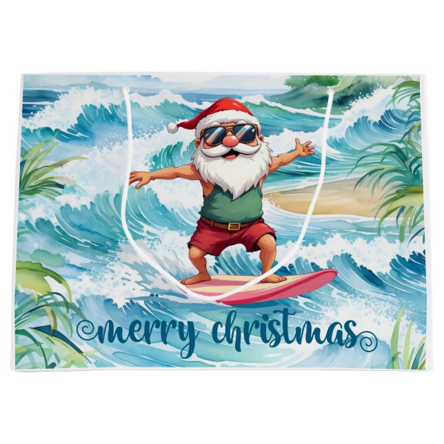 Surfing Santa is on big wave in Hawaii  Große Geschenktüte (Vorderseite)