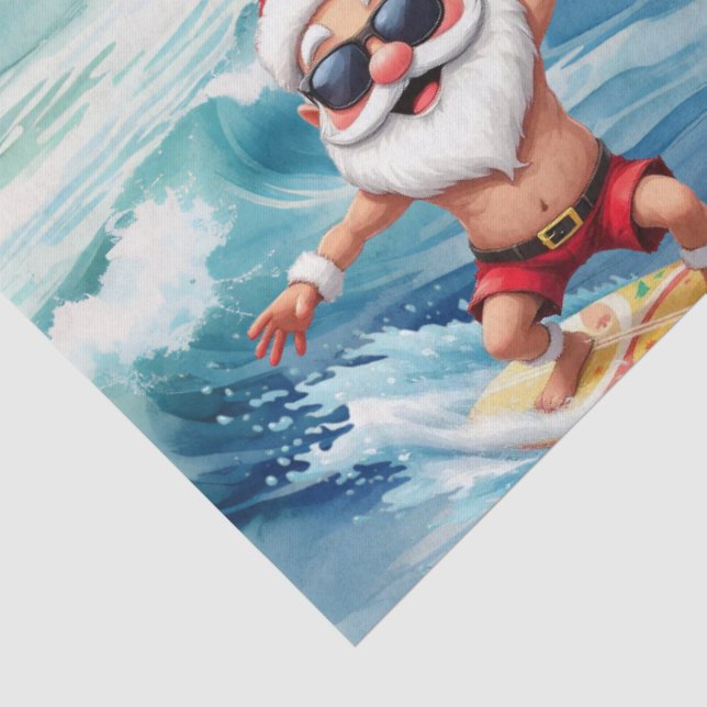 Surfing Santa is on big wave in Hawaii  Seidenpapier (Detail)