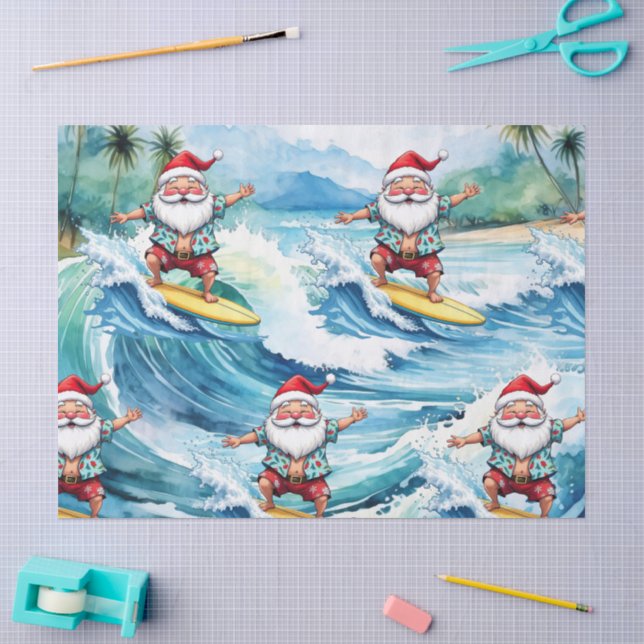 Surfing Santa is on big wave in Hawaii  Seidenpapier (Basteln)